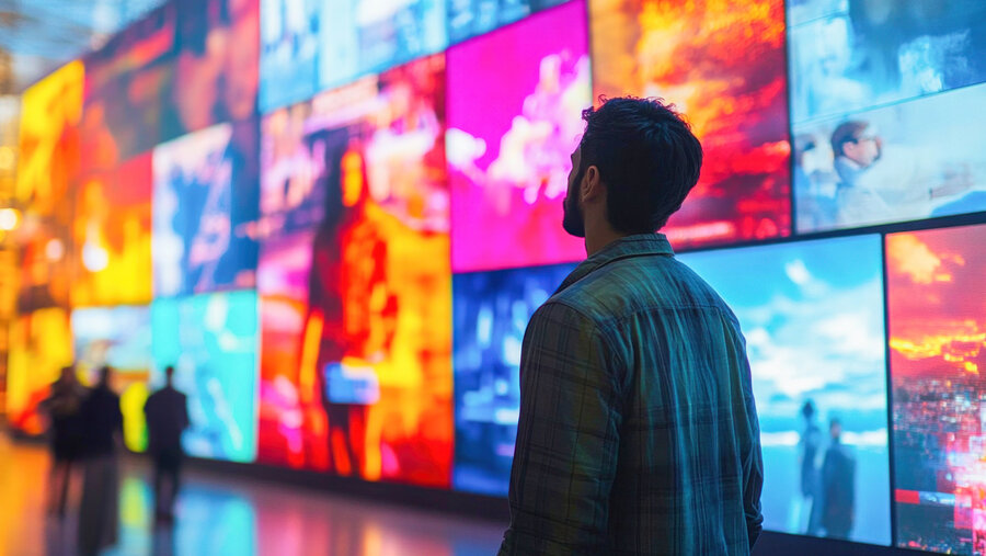 Creative man watching video wall showing colorful abstract and city images Creative man watching video wall showing colorful abstract and city images