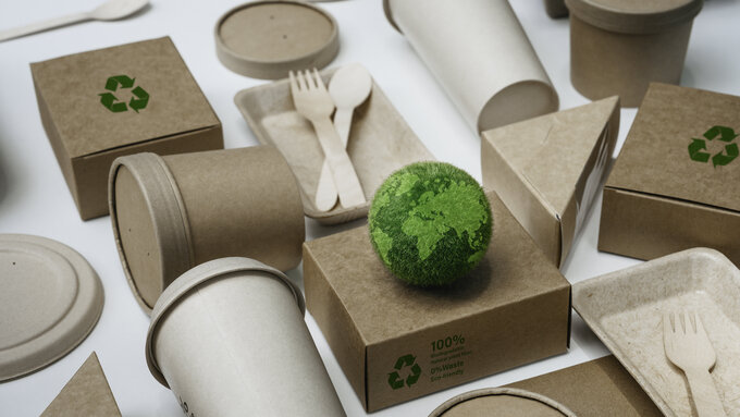 Eco friendly paper tableware and packaging made from biodegradable materials. zero waste and recycling concept. Green package or disposable for sustainable environmental and environmental protection